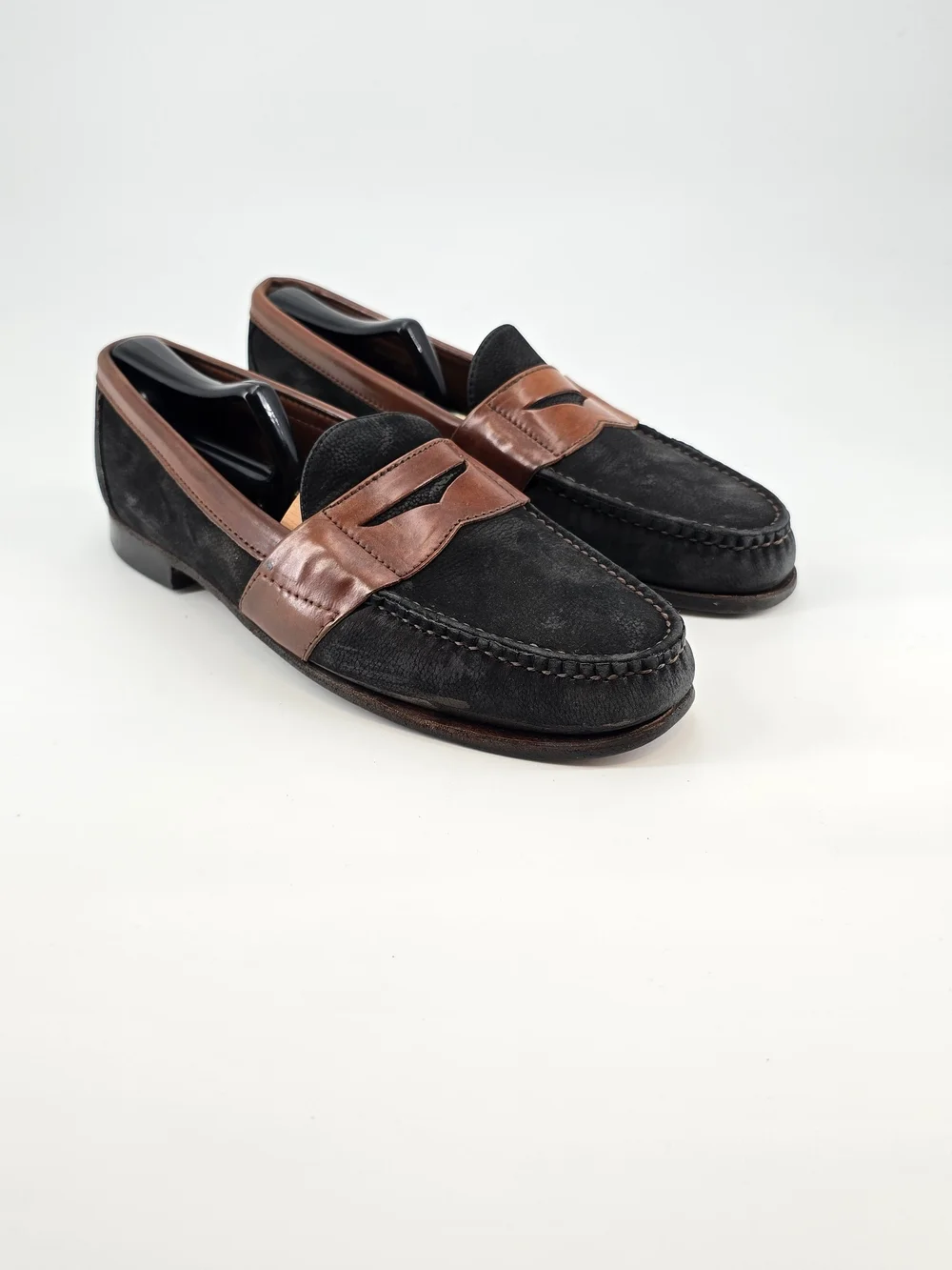 Allen Edmonds Townsend Black Nubuck and Brown Leather Penny Loafers 9.5 B